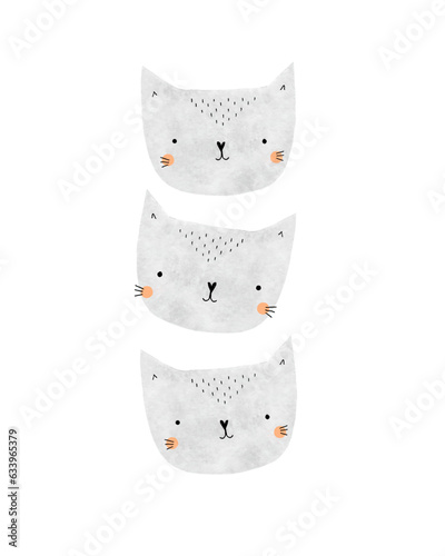 Cute Gray Kitties. Hand Drawn Vector Illustration with Funny Cats on a White. Infantile Style Nursery Art with Kittens.Simple Print with Baby Cats ideal for Wall Art, Kids Room Decoration, Cat Lovers.