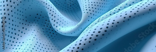 Breathable fabric dry light blue soft mesh holes floating light blue background.  photo