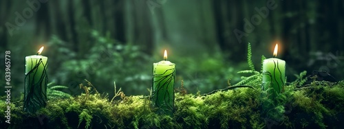 Burning candles on moss, dark green blurred the natural background. Magic candle. 