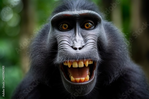 Celebes crested macaque with open mouth. Close up on the green natural background.  photo