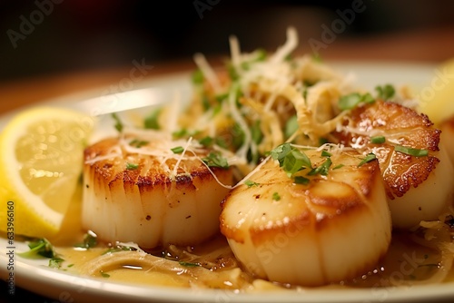 Closeup of pan seared diver scallops with lemon beurre blanc. © Image
