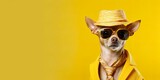 Cool looking Chihuahua dog wearing funky fashion dress. space for text right side. 
