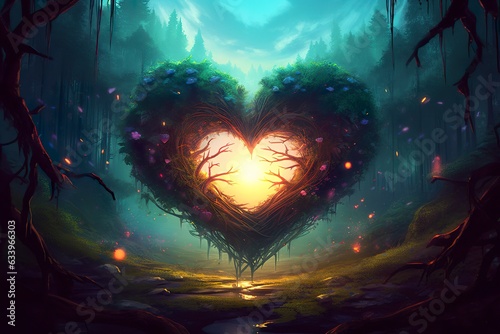 Colorful fantasy heart  light beam  green forest field. 