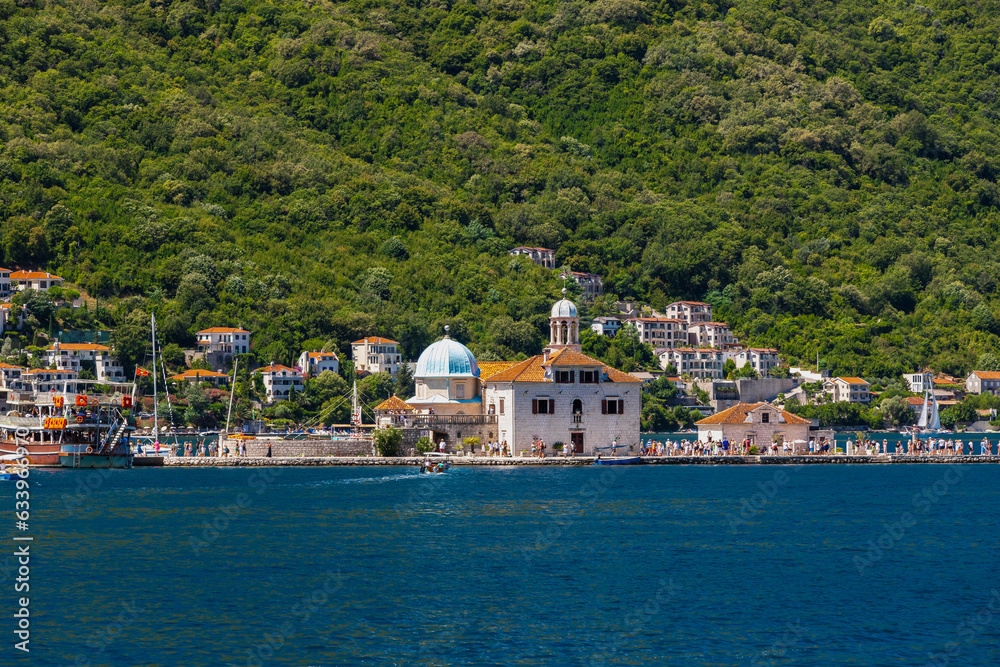 Perast, Montenegro 07-29-2023 Perast is an old town in the Bay of Kotor and is noted for its proximity to the islets of St. George and Our Lady of the Rocks. The first memories of Perast refer to 1336