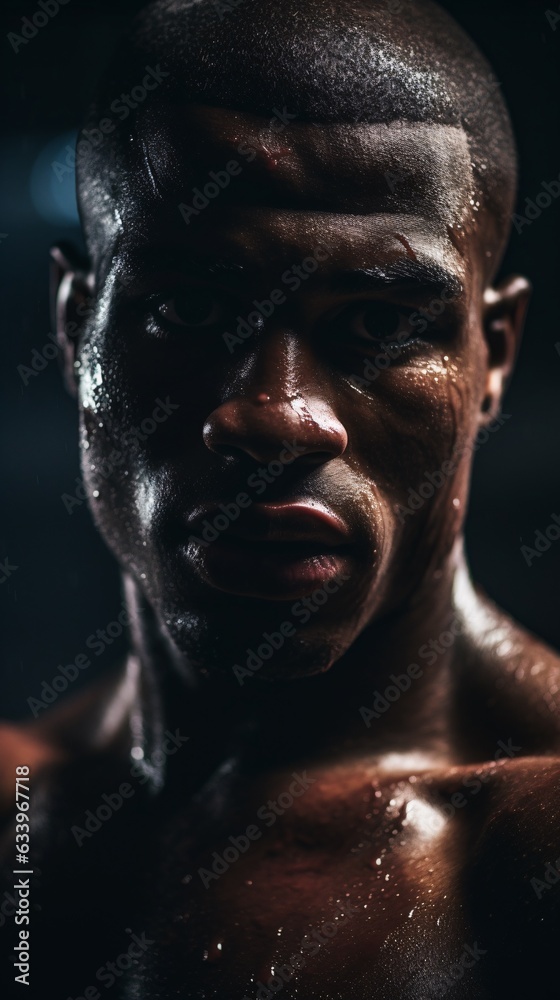 close-up portrait of a boxer in the ring, sweat glistening, lit by harsh overhead lights that create deep shadows and emphasize his determination