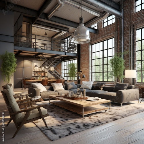 home interior design concept loft interior decorative style living room with double space daylight big window and rustic texture industrial material finish home beautiful,ai generate © VERTEX SPACE