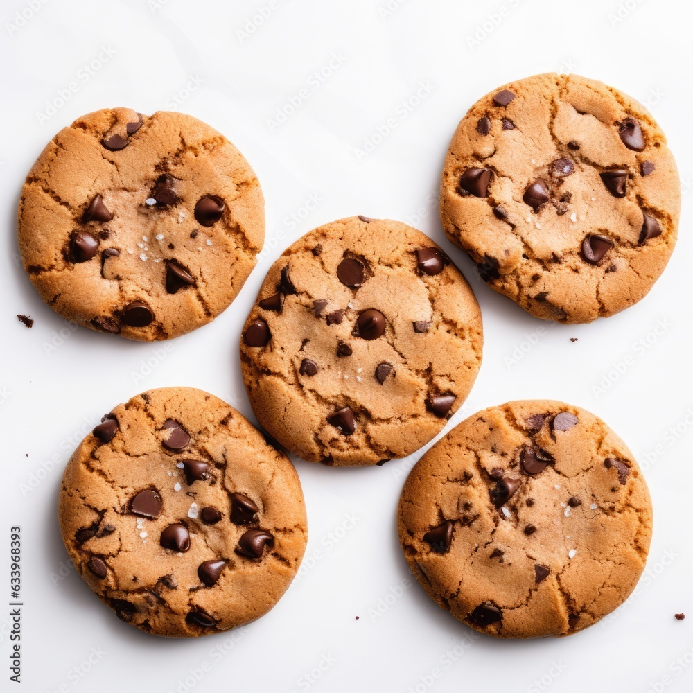 Chocolate Chip Cookies on plain white background - product photography