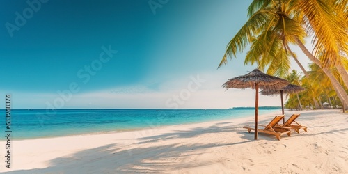 White sand and coconut plant travel tourism wide panorama background concept. Generative AI © Image
