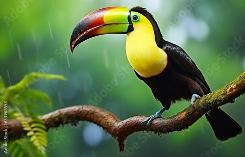 Chesnut mandibled Toucan sitting on the branch in tropical rain with a green jungle.  © Image