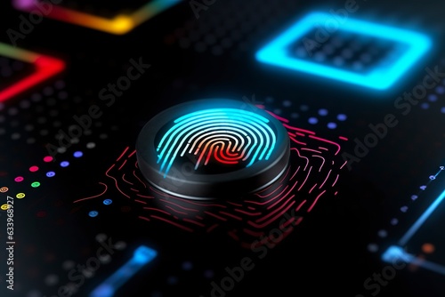 Fingerprint Authentication Button. Biometric Security. Identification and cyber security concept. Glowing neon fingerprint on dark background. 