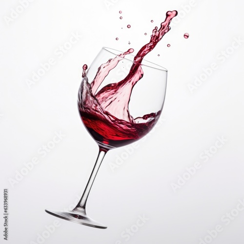 Glass of red wine with a splash on a plain white backgr - product photography
