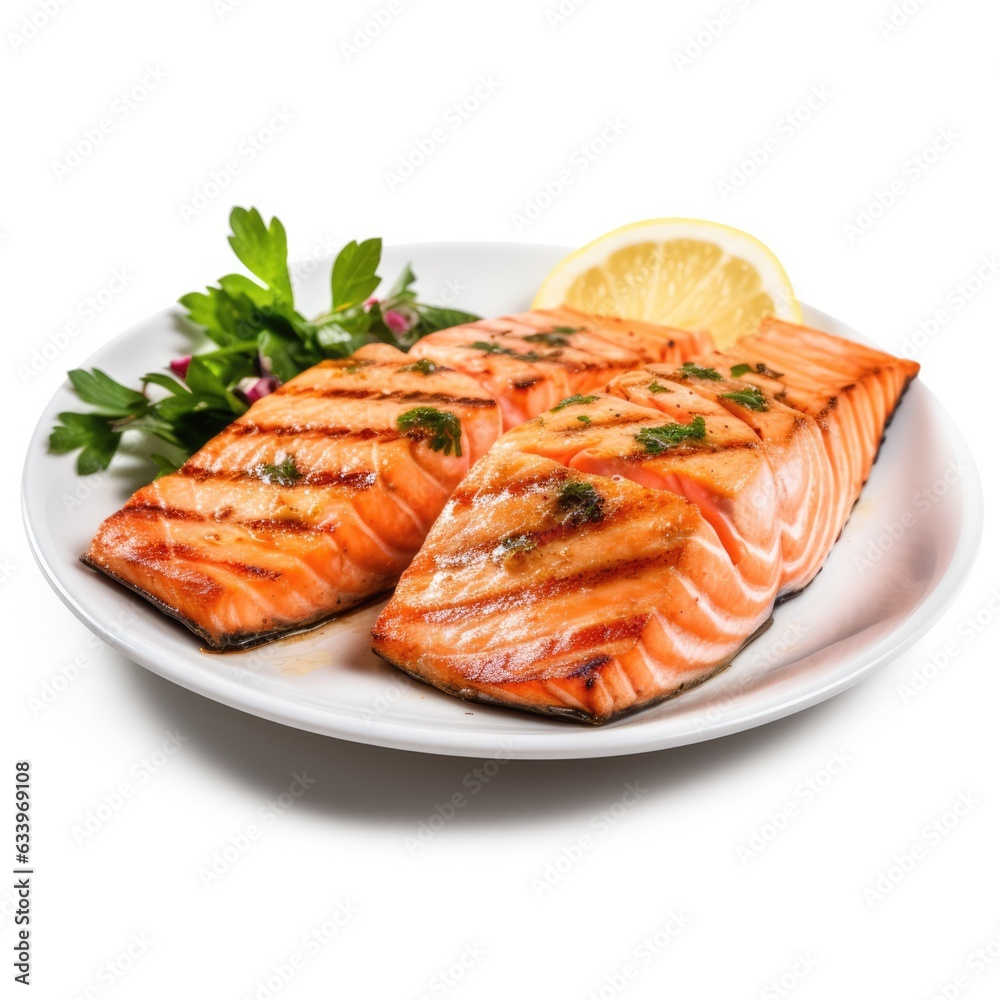 Grilled Salmon on plain white background - product photography Grilled Salmon on plain white background - product photography