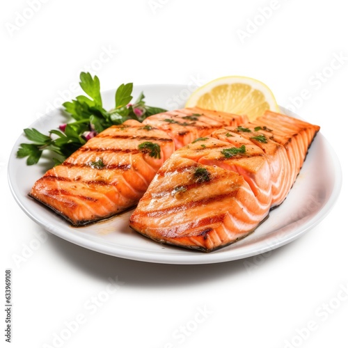 Grilled Salmon on plain white background - product photography