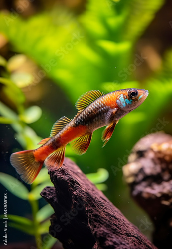 In the aquarium with plants and stones. The spinytail has a variety of color varieties including red, orange, yellow, blue and green. AI Generative