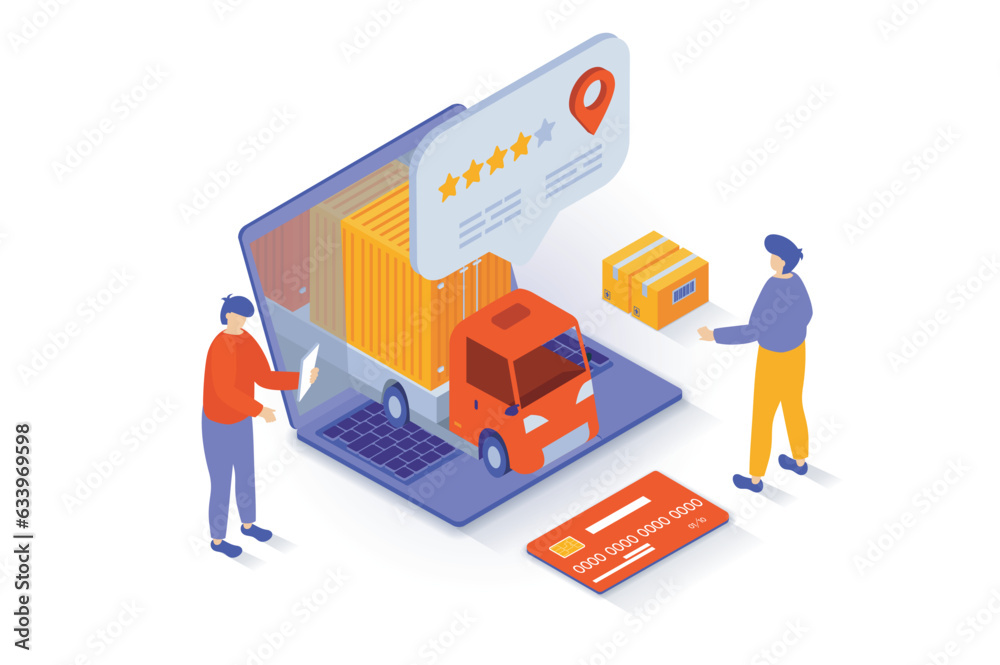 Transportation and logistics concept in 3d isometric design. People choosing delivery company with good rating for ordering shipping by truck. Vector illustration with isometry scene for web graphic