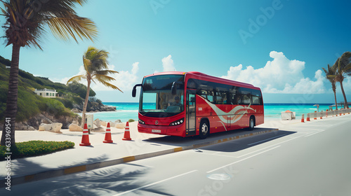 Image of a tour bus parked near a popular beach with tourists disembarking. photo