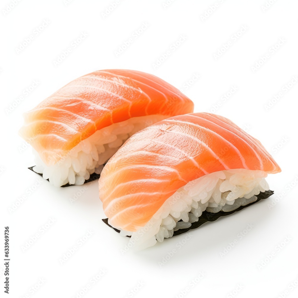 Sake Nigiri on plain white background - product photography Sake Nigiri on plain white background - product photography