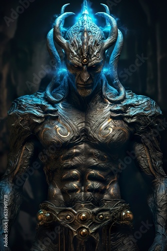 The god nemesis with blue eyes standing in front, dark bronze and light azure.