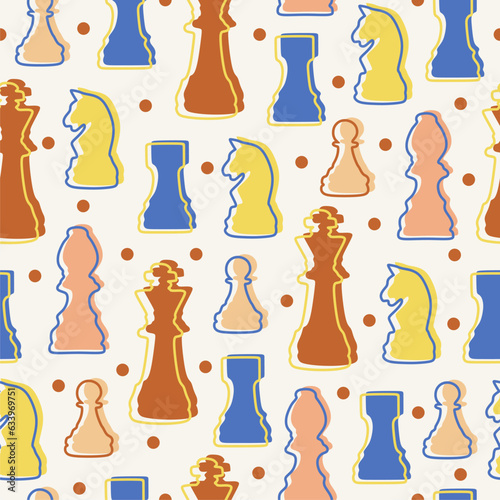 Seamless pattern with chess colorful figures. On white background. Vector flat. King  queen  pawn  rook  horse  bishop.