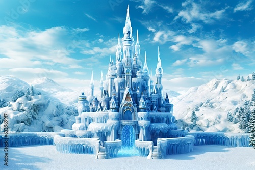 Cute blue Magic Ice Castle. Fantasy snowy landscape. Winter castle on the mountain  winter forest. 