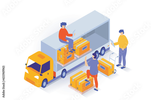 Transportation and logistics concept in 3d isometric design. People carrying boxes by forklifts and loading parcel in truck, work at warehouse. Vector illustration with isometry scene for web graphic