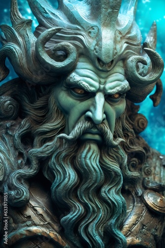 The gods of the sea Zeus god Necronomicon gods of the sea god, futuristic, sci-fi elements, dark bronze and light azure, close up, 