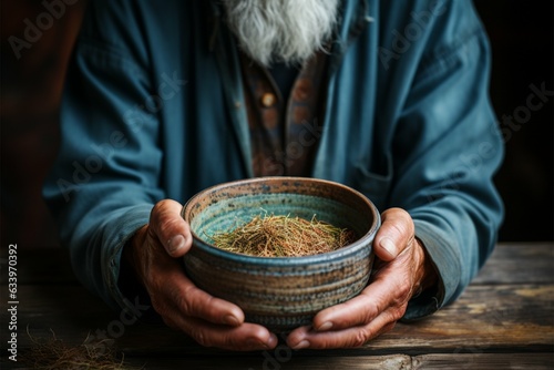 Old mans hands clasp empty bowl on wood, conveying the plight of poverty Generative AI photo