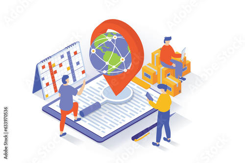 Transportation and logistics concept in 3d isometric design. People delivering cardboard packages and parcels using global delivery service. Vector illustration with isometry scene for web graphic