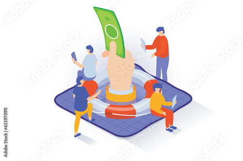 Unemployment and crisis concept in 3d isometric design. People trying saving their money with lifebuoy and keep job during layoffs period. Vector illustration with isometry scene for web graphic