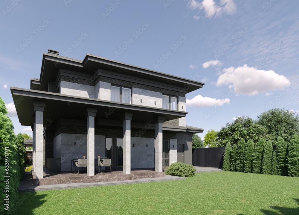 3D visualization of a modern house. Brick facade. Porcelain tiles on the facade. Panoramic windows.