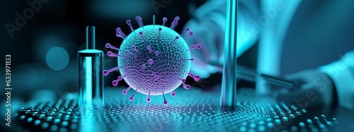 Scientists studying the serious coronavirus, virus. Pharmaceutical scientific research background. AI Generative