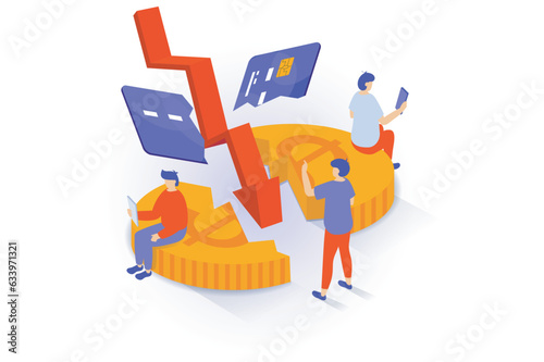 Unemployment and crisis concept in 3d isometric design. People crushing credit card and coin, loses savings, bankruptcy and financial problem. Vector illustration with isometry scene for web graphic