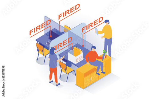 Unemployment and crisis concept in 3d isometric design. People lose jobs, get fired notices from office, get careers crash and frustration. Vector illustration with isometry scene for web graphic