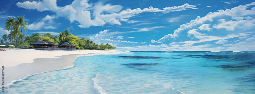 a tropical beach with cool water and palm trees, in the style of photo-realistic landscapes, panorama, light turquoise