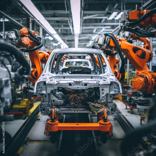 Car bodies are on assembly line. Factory for production of cars. Modern automotive industry. © nikomsolftwaer