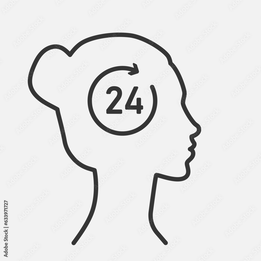 Woman works 24 hours line icon. Housewife or mother management. Deadline and routine all day and night. Mind job. Vector illustration