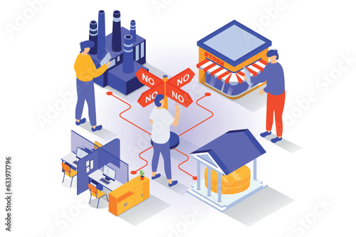 Unemployment and crisis concept in 3d isometric design. People close offices, factories and shops, have debts on financial loans to banks. Vector illustration with isometry scene for web graphic
