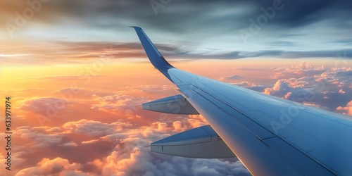 Airplane plane wing at sunset time through clouds  AI Generative