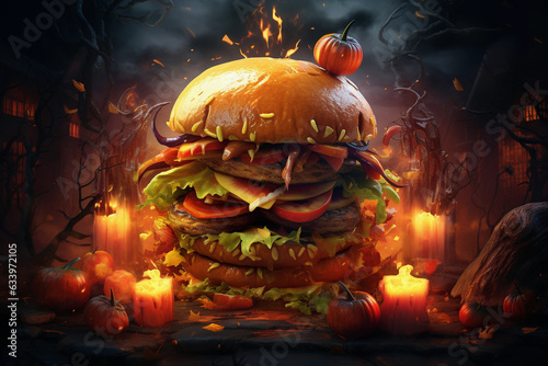 Background of beef hamburger topped with cheese sauce with a Halloween theme, Generative AI