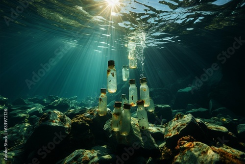 Plastic bottles litter ocean, exemplifying ecological disruption and environmental pollution Generative AI