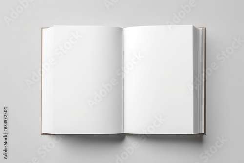 Blank opened book mockup, top view, isolated on white background.  photo