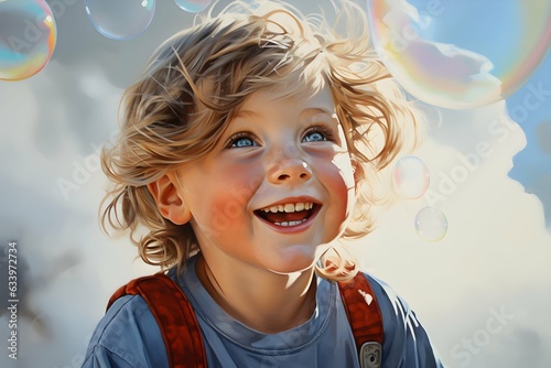 Funny happy kid boy with white hair looks at colorful soap bubbles. Fictional person. AI generation. 