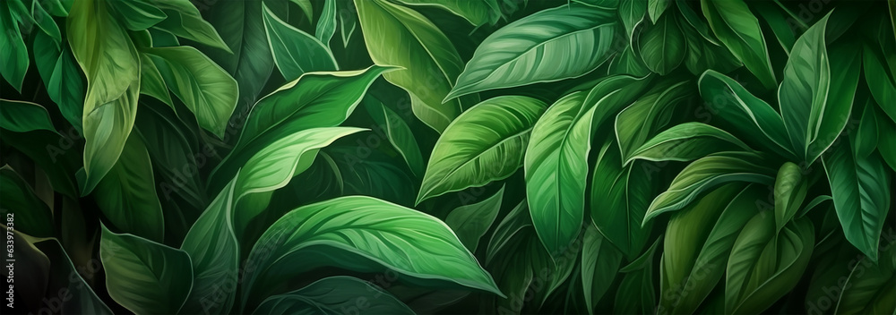 Lush digital painting, Tropical leaves background, banner with green floral pattern