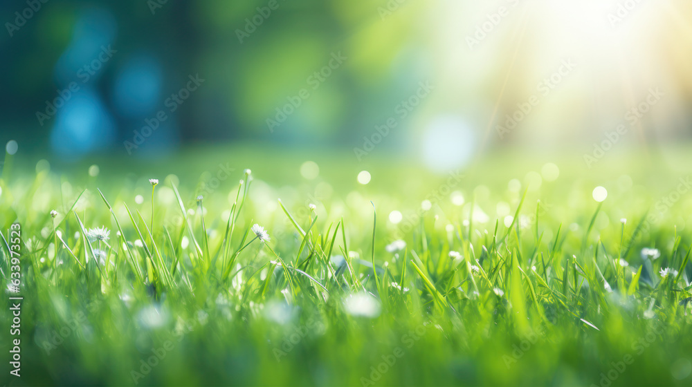 natural green background with selective focus, Spring summer background with frame of grass and leaves on nature.