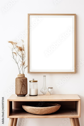 Vertical picture frame with passe-partout mockup in modern interior  blank copyspace  light tones  wall art mock-up. Generative AI