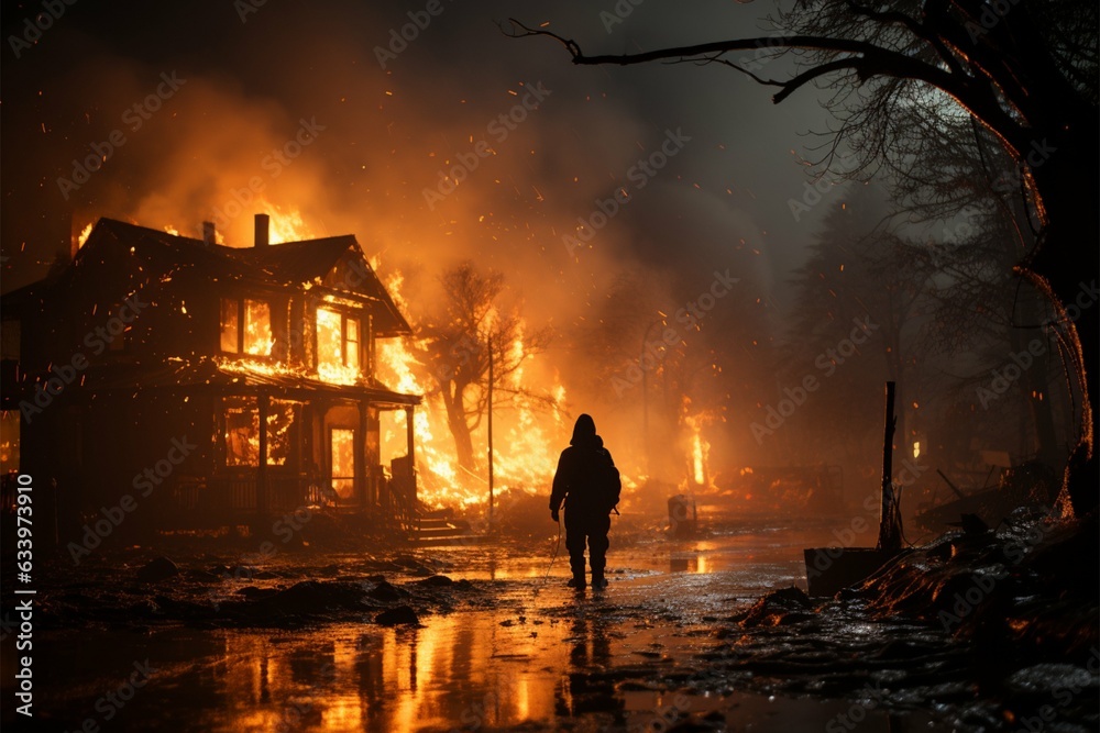 Rescuer sprays water amidst charred ruins, extinguishing remnants of devastating house fire Generative AI