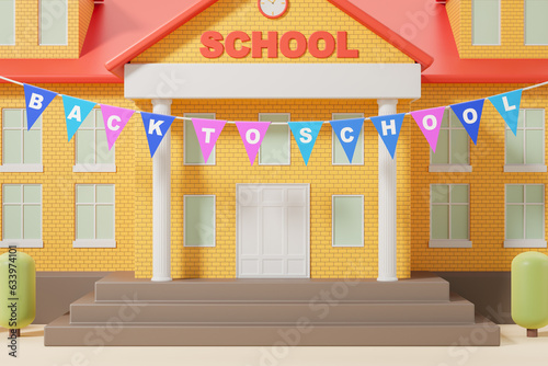 Cartoon building with back to school bright flags, education concept
