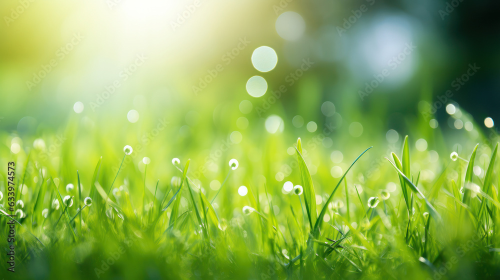 natural green background with selective focus, Spring summer background with frame of grass and leaves on nature.