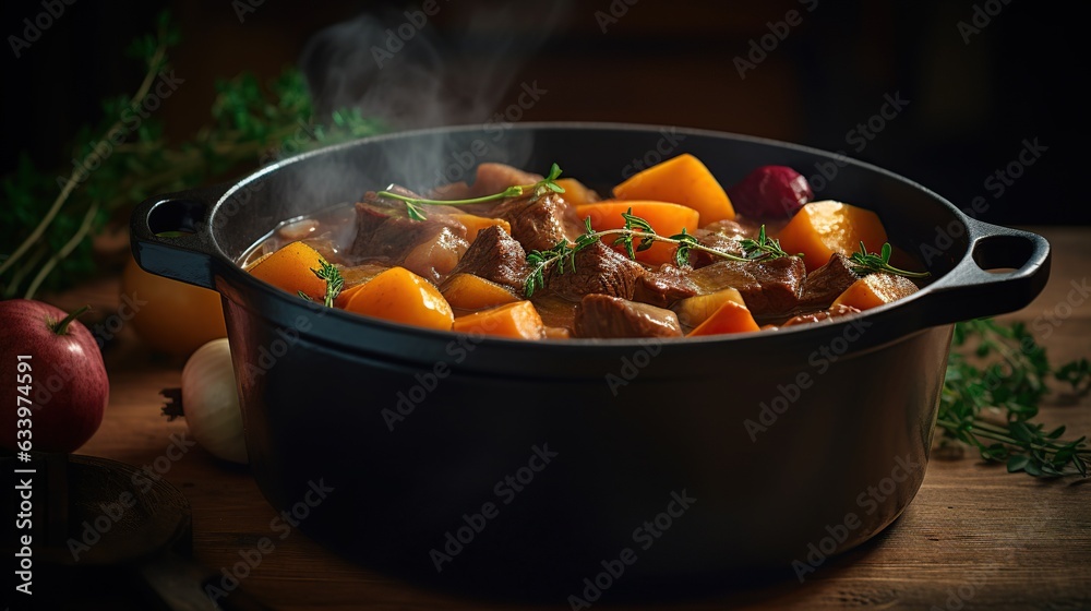 hearty beef stew, cooked with root vegetables and served in a cast-iron pot