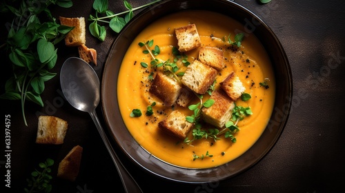 top view of a hot bowl of creamy butternut squash soup garnished with fresh herbs and croutons